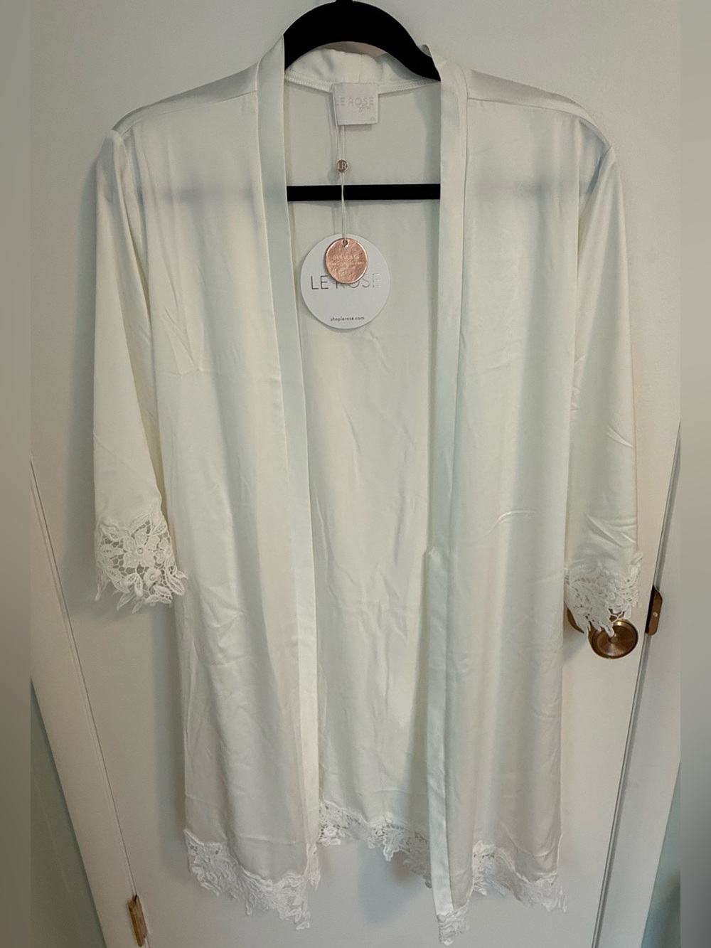 LeRose White Satin Robe with Lace Trim